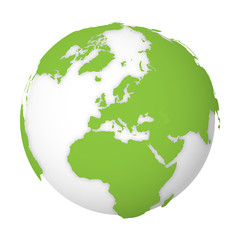 Wall Mural - Natural Earth globe. 3D world map with green lands dropping shadows on white globe. Vector illustration