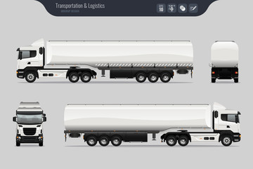 Wall Mural - Vector template with detailed fuel tanker truck. Isolated realistic fuel tanker truck grey background. Vector