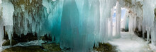 Blue Ice Cave Grotto On Olkhon Island, Lake Baikal, Covered With Icicles. Cylindrical Panorama 360