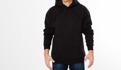 Wall Mural - Man in black sweatshirt, black hoodies front isolated, mock up,copy space cropped image