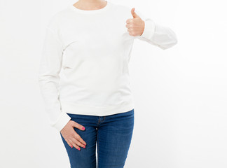 Wall Mural - beautiful woman in white pullover posing and show like on white background - mock up cropped image