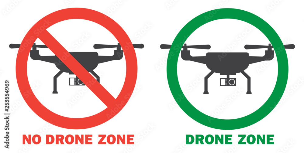 No drone zone and drones allowed template. Flat design of drone icon ...