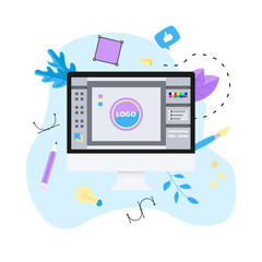 Aufkleber - flat vector graphic design concept with computer designer with an open design application with a cre