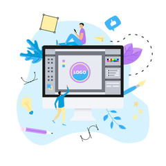 Aufkleber - flat vector graphic design concept with computer designer with an open design application with a cre