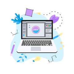Aufkleber - flat vector graphic design concept with computer designer with an open design application with a cre