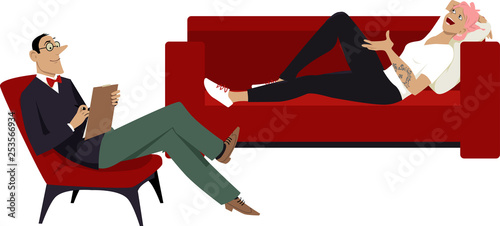 Cuadros en Lienzo A millennial teenage girl talking to a psychiatrist, lying on a couch, EPS 8 vec