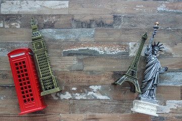 Travel and tourism background with souvenirs from around the world