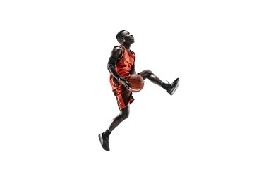 full length portrait of a basketball player with a ball isolated on white studio background. adverti