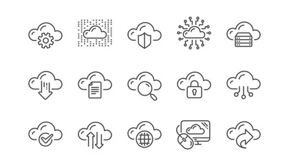 Poster - computer cloud icons. hosting, computing data and file storage. computer sync technology linear icon