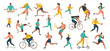 Group of people performing sports activities at park doing yoga and gymnastics exercises, jogging, riding bicycles, playing ball game and tennis.