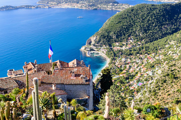 Wall Mural - Beautiful aerial view of the coastline with blue water, Eze town, Cote d'azur, France