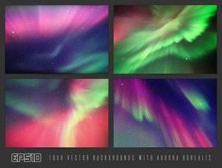 Sticker - Vector set of colorful backgrounds with beautiful starry sky and Northern lights. Space illustration with aurora borealis for design