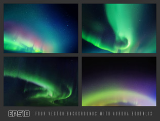 Sticker - vector set of colorful backgrounds with beautiful starry sky and northern lights. space illustration