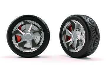 Wall Mural - 3d tire and alloy wheel on white background