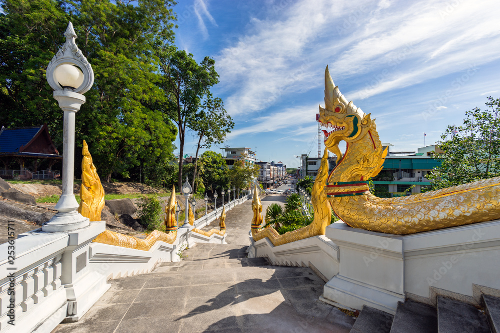 Authentic staircase to Wat Kaew Korawaram white temple in Krabi Town in Thailand - obrazy, fototapety, plakaty 