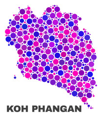 Mosaic Koh Phangan map isolated on a white background. Vector geographic abstraction in pink and violet colors. Mosaic of Koh Phangan map combined of random circle items.