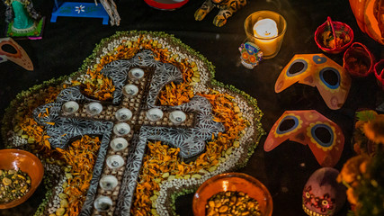 Flower and skeleton alter at Dia de los Muertos, Day of the Dead