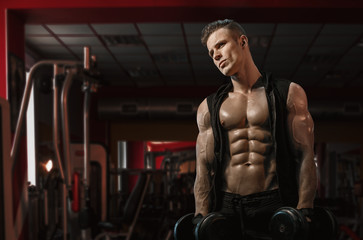 Wall Mural - Muscular model sports young man exercising in gym with dumbbell. Portrait of sporty healthy strong muscle. Fitness trainer. Sport workout bodybuilding motivation concept. Sexy torso.