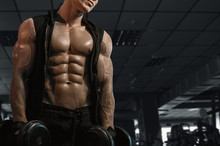 Muscular Model Sports Young Man Exercising In Gym With Dumbbell. Portrait Of Sporty Healthy Strong Muscle. Fitness Trainer. Sport Workout Bodybuilding Motivation Concept. Sexy Torso.
