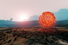 Landscape Of Mars, Floating Red Sphere, Distant Space Base Radar