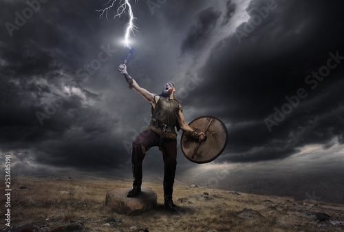 Medieval warrior berserk Viking with axe catch the lightning Wallpaper Mural