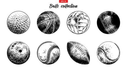 Vector engraved style illustrations for posters, logo, emblem and badge. Hand drawn sketch set of sport balls isolated on white background. Detailed vintage etching collection. Woodcut, linocut style.