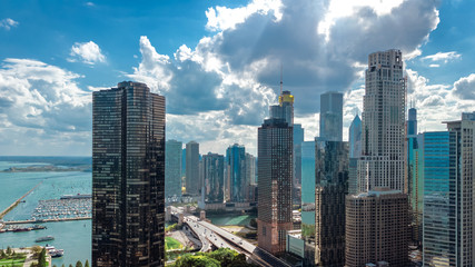 Fototapete - Chicago skyline aerial drone view from above, city of Chicago downtown skyscrapers and lake Michigan cityscape, Illinois, USA
