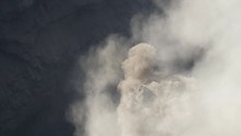 Slow Motion Ash Clouds Rising From Bromo Active Volcanic Crater Viewed From High Angle.