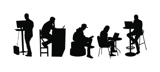 Business people working on computer in office silhouette. Man with laptop. Corporate workplace office. Woman typing on pc. Worker programming in IT hub. Software developer. Freelancer creative job.