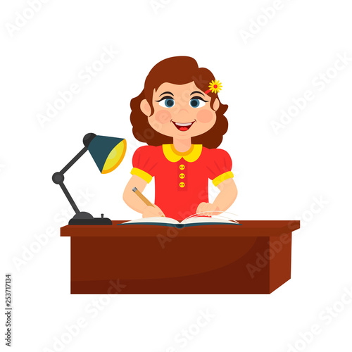 Cute Cartoon Girl Sitting At The Desk With School Supplies And