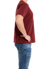 Poster - Young man on white background, closeup. Weight loss