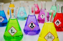 Many Of Erlenmeyer Flask With Colorful Solution And Variety Type Of Chemical Hazard Warning Symbols Labels. Focus On Serious Health Hazard Sign,symbol.