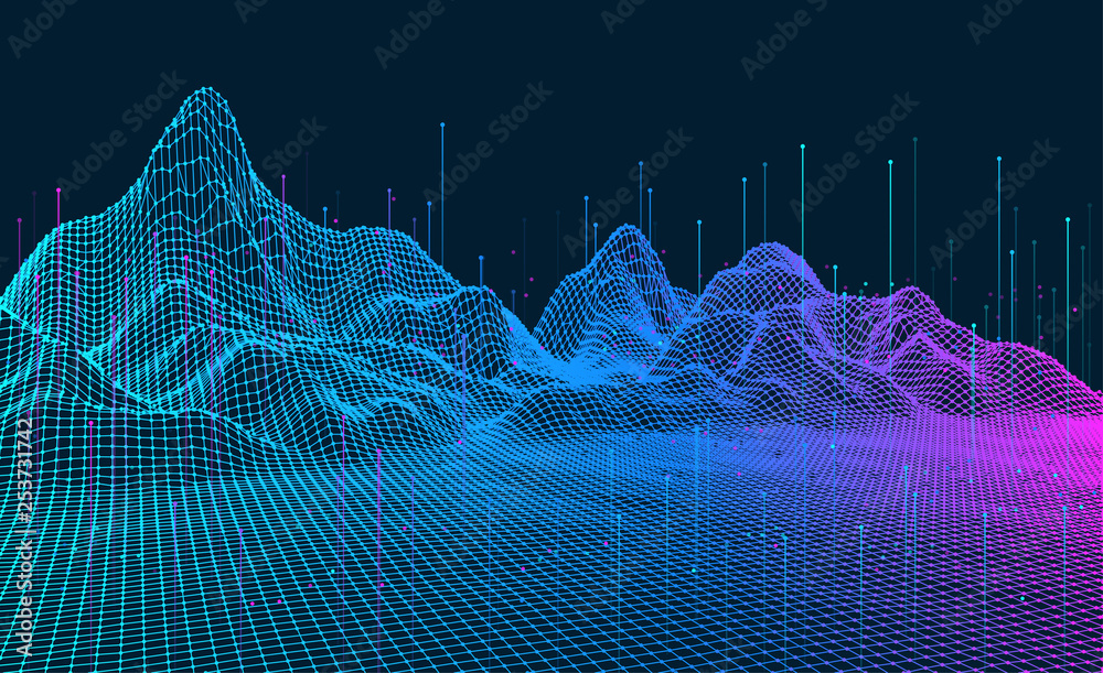 Abstract digital landscape.Wireframe landscape background.Big Data visualization. Vector abstract 3D network background.Intelligence artificial - obrazy, fototapety, plakaty 