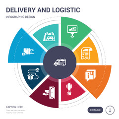 set of 9 simple delivery and logistic vector icons. contains such as delivery date, delivery day, delay, destination, door, hot air balloon, info icons and others. editable infographics design