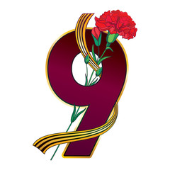 Greeting card for May 9 Victory Day with outline red Carnation flower, number 9 and ribbon of Saint George isolated on white background.