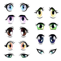 Poster - Collection of Bright Eyes of Different Colors, Beautiful Eyes with Light Reflections Manga Japanese Style Vector Illustration