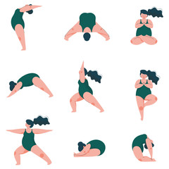 Sticker - Beautiful Plus Size Curved Woman Doing Fitness Exercises Set, Plump Girl in Swimsuit, Sport and Healthy Lifestyle Vector Illustration