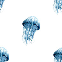 Watercolor Seamless Pattern With A Jellyfish Under The Sea. Illustration On A White Background.