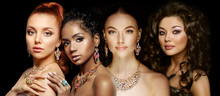 Beautiful Four Models Girls With Set Of Jewelry. Luxury Girls In Shine Jewellry: Eearrings, Necklace, And Ring. Women In Jewelry From Gold, Precious Stones, Siamonds. Beauty And Accessories.