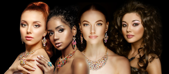 Beautiful Four models girls with set of Jewelry. Luxury girls in shine jewellry: Eearrings, Necklace, and Ring. Women in jewelry from Gold, Precious Stones, Siamonds. Beauty and accessories.