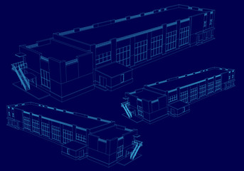 Poster - Wireframe of the building in isometric. 3D. Building with different types. Vector illustration