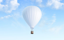 Blank White Balloon With Hot Air Mockup On Sky Background, 3d Rendering. Empty Airship Fly In Heaven Mock Up. Clear Blimp With Basket And Gasbag For Expedition Template.