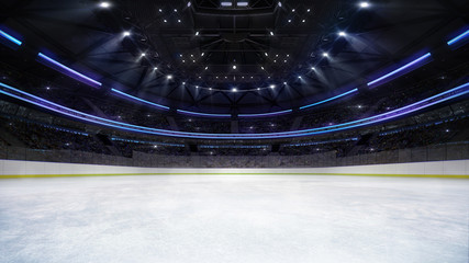 Wall Mural - empty ice rink arena inside view illuminated by spotlights, hockey and skating stadium indoor 3D render illustration background, my own design