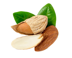 Wall Mural - Almonds with green leaves isolated on white