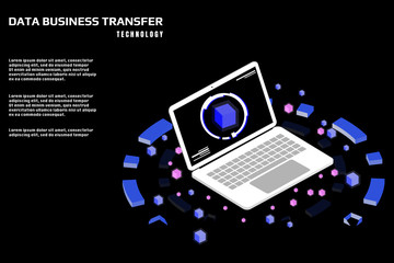 Leinwandbilder - Technology futuristic laptop data security protection transfer. Abstract sci fi isometric elements design for UI business app