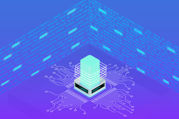 Leinwandbilder - Futuristic Microprocessor Circuit Board Isometric Element Cyber Security Data Storage Vector Background. Big Decentralized Network Cyberspace 3d Scifi Technology Concept Design Illustration.