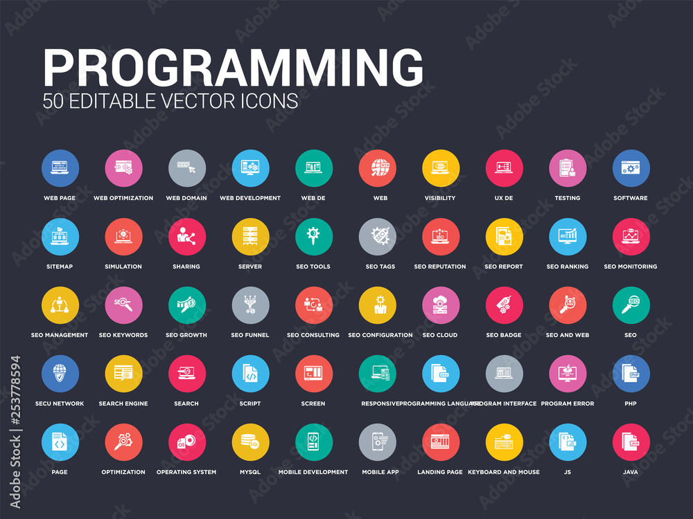 50 programming set icons such as java, js, keyboard and mouse, landing page, mobile app, mobile development, mysql, operating system, optimization. simple modern isolated vector icons can be use for - obrazy, fototapety, plakaty 