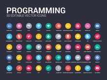 50 Programming Set Icons Such As 404 Error, Adaptive Layout, Advertising, Advertising Bounce, Algorithm, Api, App, Archive, Article. Simple Modern Isolated Vector Icons Can Be Use For Web Mobile