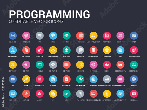 Cuadros en Lienzo 50 programming set icons such as 404 error, adaptive layout, advertising, advertising bounce, algorithm, api, app, archive, article