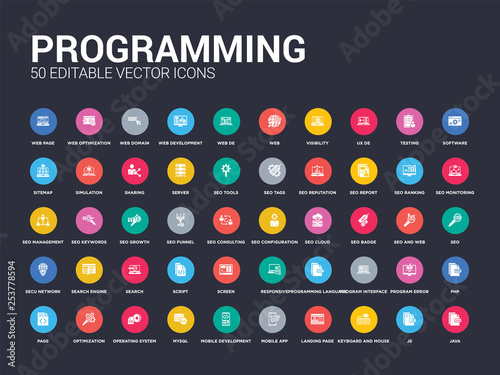 Fotografía 50 programming set icons such as java, js, keyboard and mouse, landing page, mobile app, mobile development, mysql, operating system, optimization